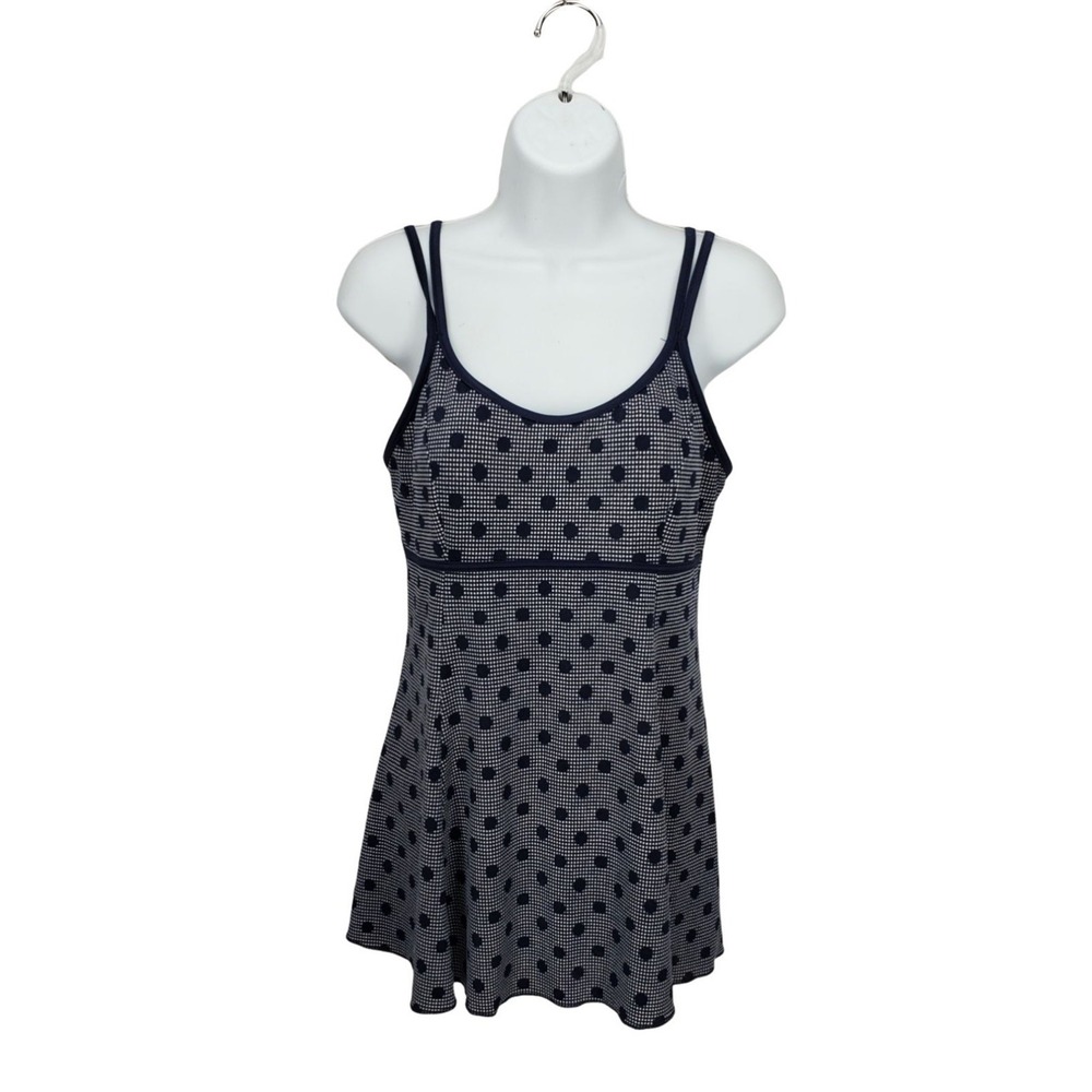 Vintage Navy Blue Polka Dot Swim Dress One Piece Swimsuit Size 12 60071 NV1